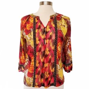 Alfani Hot Pink and Yellow Sheer 3/4 Sleeve Top